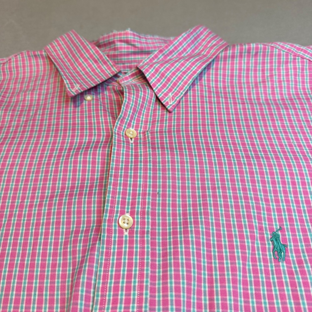 Polo Ralph Lauren Mens 18 36/37 Classic Fit Pink Green Plaid Cotton Button Down